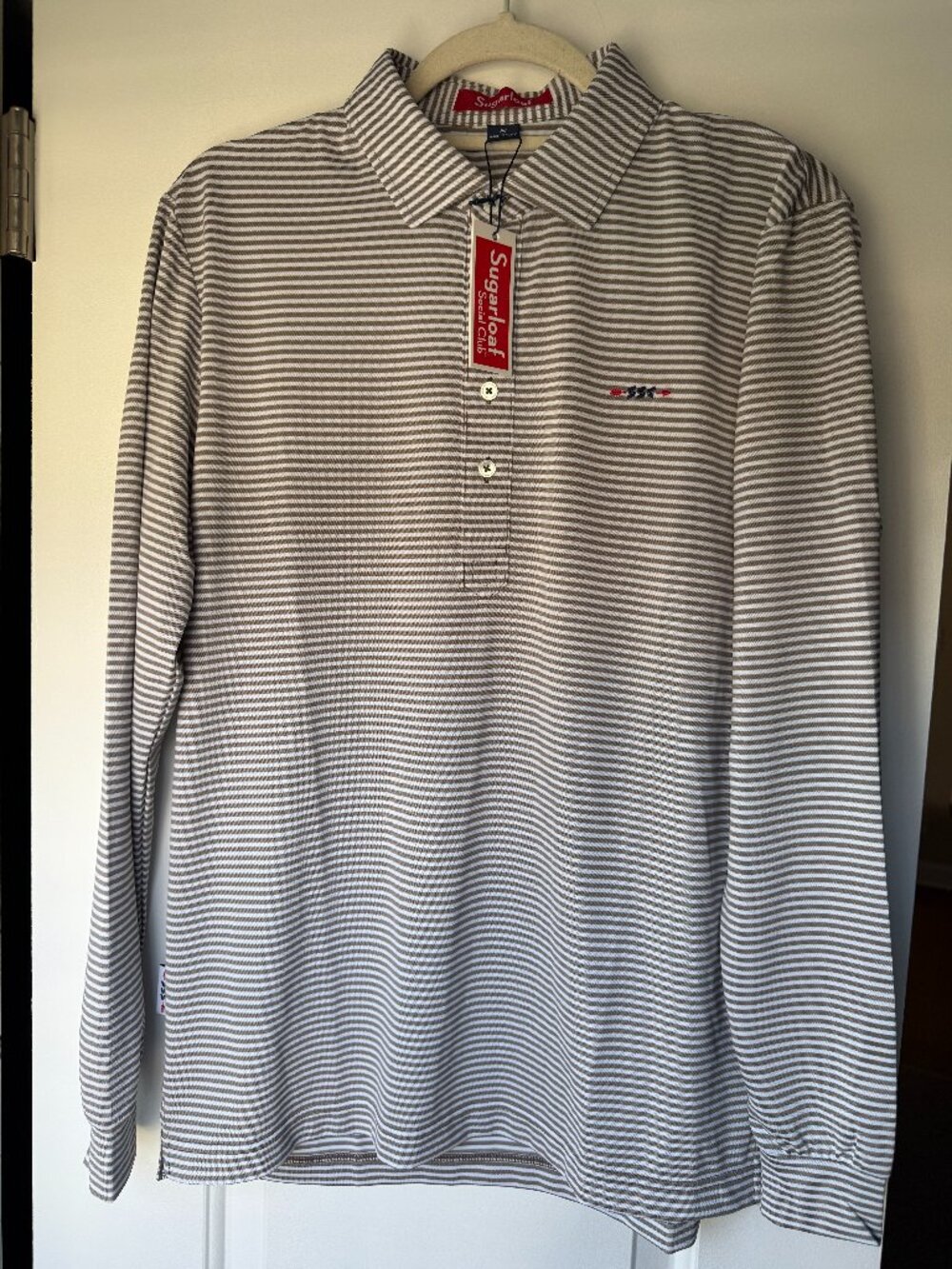 Sugarloaf Social Club Long Sleeve Striped Pique Polo - Men's Small - Gray/White